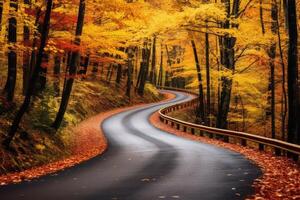 ai generado un devanado la carretera mediante un vistoso otoño bosque. generativo ai foto