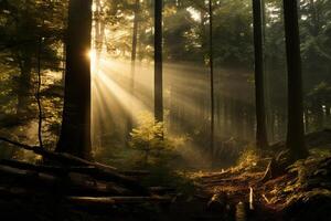 ai generado luz de sol filtración mediante arboles en el tarde. generativo ai foto