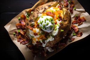 AI generated Overhead shot of a loaded baked potato topped with bacon. Generative AI photo