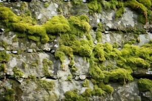 AI generated A close-up of a weathered stone wall with moss and lichen. Generative AI photo