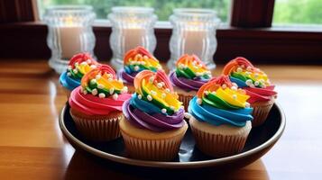 AI generated LGBTQ pride-themed cupcakes beautifully arranged on a table. Generative AI photo