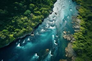 AI generated Aerial view of a serene river captured through the lens of drone technology. Generative AI photo