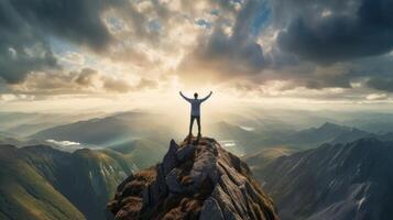 AI generated Person standing on a mountaintop. Generative AI photo