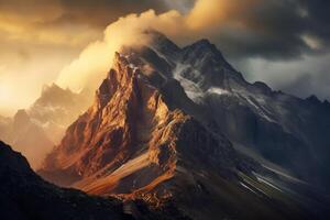 ai generado un escénico ver de dramático oscuridad emitir por montaña picos durante amanecer. generativo ai foto