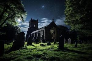 AI generated A peaceful churchyard under a starry dark night. Generative AI photo