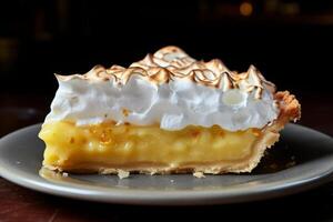 AI generated A slice of classic lemon meringue pie with a golden top. Generative AI photo