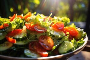 AI generated A close-up of a fresh salad bathed in sunlight. Generative AI photo