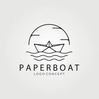 paper boat line art with sun and wave on the ocean, logo vector vintage illustration, simple logo concept