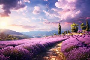 AI generated A road through a serene lavender field, ideal for relaxation themes. Generative AI photo