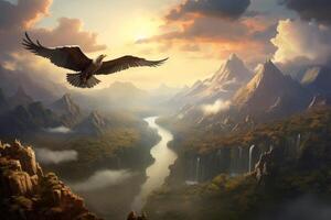 AI generated Elegant bird soaring high above the breathtaking landscape. Generative AI photo