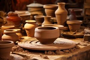 AI generated A potter's wheel with clay pots waiting for the potter's skilled hands. Generative AI photo