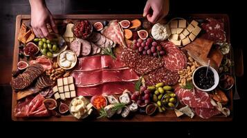 AI generated A person carefully arranging a charcuterie platter with an assortment of cured meats. Generative AI photo