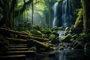 ai generado encantado bosque con un pequeño cascada cascada terminado cubierto de musgo rocas generativo ai foto