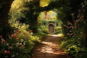 AI generated A tranquil countryside path leading to a secret garden. Generative AI photo