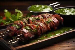 AI generated Bacon wrapped beef skewers served with a spicy chimichurri sauce. Generative AI photo
