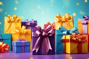 AI generated Colorful gift boxes with festive bows. Generative AI photo