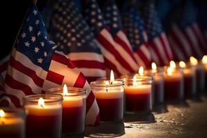 ai generado un americano bandera suavemente drapeado terminado un fila de monumento velas en patriota día. generativo ai foto