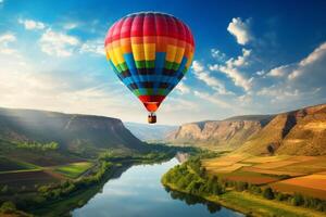 ai generado un escénico ver de un vistoso caliente aire globo flotante encima un tranquilo paisaje, capturar pasión de viajar. generativo ai foto