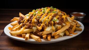 AI generated Greasy and mouthwatering chili cheese fries. Generative AI photo