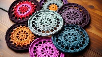 AI generated Crocheted coasters in intricate pattern. Generative AI photo