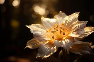 ai generado un de cerca de un flor iluminado por dorado ligero. generativo ai foto