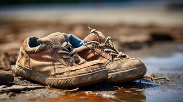 ai generado un de cerca Disparo de un desgastado par de zapatos. generativo ai foto