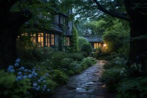 AI generated A peaceful garden at the onset of blue hour. Generative AI photo