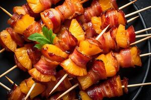 AI generated Overhead shot of bacon wrapped pineapple bites on toothpicks. Generative AI photo