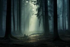 AI generated Foggy forest with glowing eyes peering. Generative AI photo