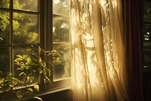 ai generado luz de sol transmisión mediante cortinas en el tarde. generativo ai foto