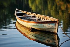 ai generado un pacífico reflexión de un bote de remos flotante en un sereno estanque. generativo ai foto