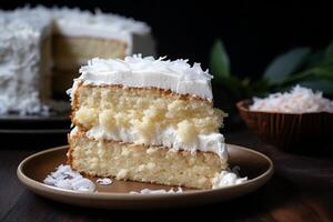 AI generated A slice of classic coconut cake with fluffy white frosting. Generative AI photo