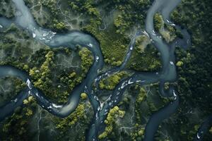 AI generated Aerial view of a winding forest river reflecting the surrounding trees. Generative AI photo