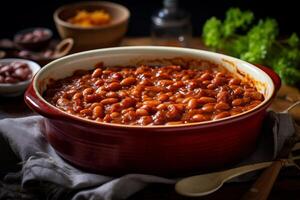 AI generated Baked beans with chunks of smoky bacon, a classic comfort food. Generative AI photo