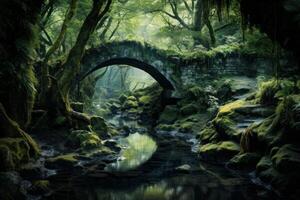 AI generated Enchanted forest scene with a small bridge over a babbling brook. Generative AI photo