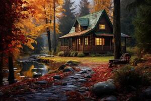 AI generated Cozy cabin in the midst of an autumn forest. Generative AI photo