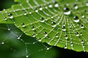 AI generated A close up of a spiderweb catching raindrops, showcasing nature's intricate design. Generative AI photo