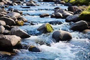 ai generado un claro montaña corriente fluido terminado suave rocas, representando el pureza y importancia de natural agua fuentes. generativo ai foto