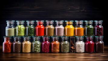 AI generated A colorful assortment of spices and condiments in glass jars. Generative AI photo