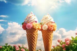 AI generated Double scoop ice cream cones on a sunny day. Generative AI photo