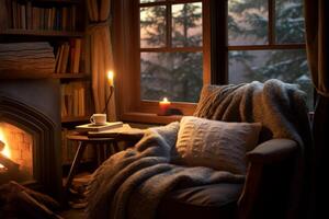 AI generated A cozy reading corner with books, a soft blanket, and no rush to finish. Generative AI photo