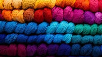 AI generated Yarn skeins arranged in a rainbow gradient. Generative AI photo