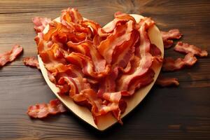 AI generated Crispy bacon strips arranged in a heart shape for a romantic breakfast. Generative AI photo