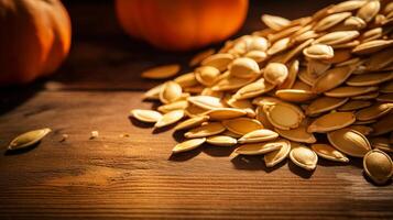 AI generated Close-up of pumpkin seeds scattered on a wooden surface. Generative AI photo