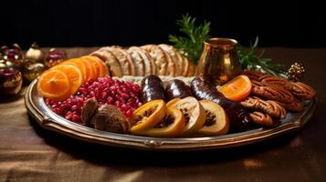 ai generado un de cerca de un plato lleno con tradicional shemini atzeret manjares generativo ai foto