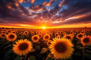 AI generated The golden hour light on a field of sunflowers. Generative AI photo