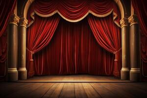 AI generated Theater curtains drawing back to reveal the stage. Generative AI photo