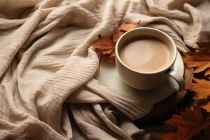 AI generated Cozy autumn mockup featuring a cup of hot coffee, a blanket, and fallen leaves. Generative AI photo