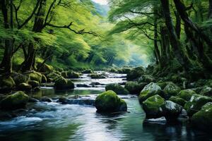ai generado prístino río fluido suavemente mediante un pintoresco natural paisaje. generativo ai foto