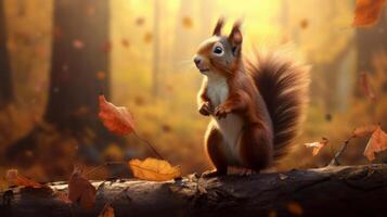 AI generated A squirrel is standing on a log in the woods. Generative AI photo